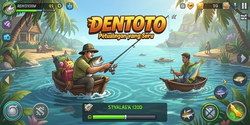 Gameplay DENTOTO yang menampilkan aksi memancing yang mendebarkan.