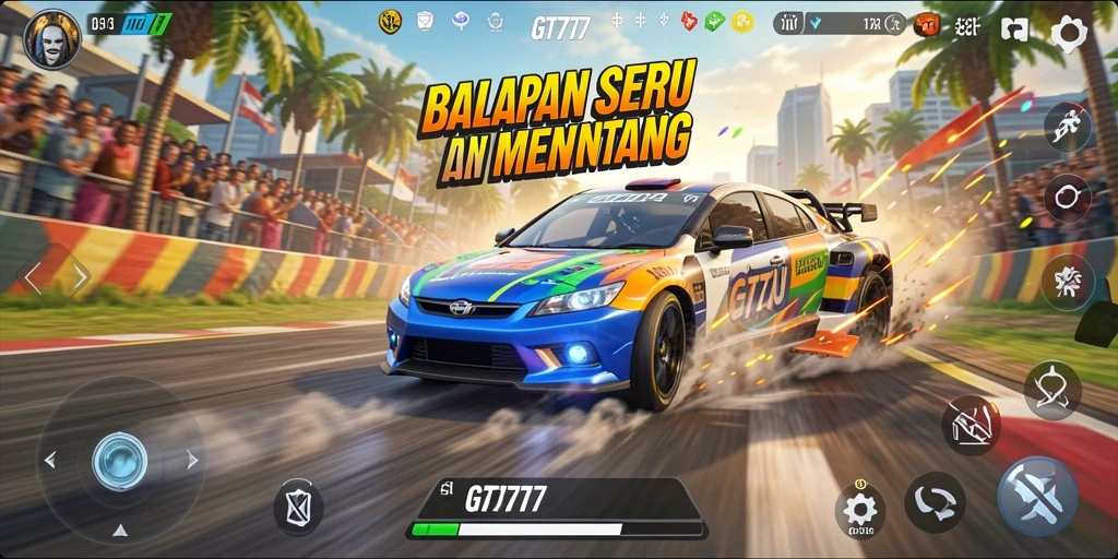 Gameplay GT777 yang seru dengan mobil balap cepat dan trek menantang.